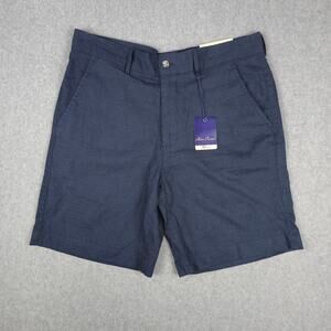 NWT Alan Flusser Mens 34 Navy Linen Blend Flat Front Chino Shorts